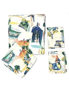 Vintage Martex French Riviera Cote D Azur Full Sheet Set Coastal Beach